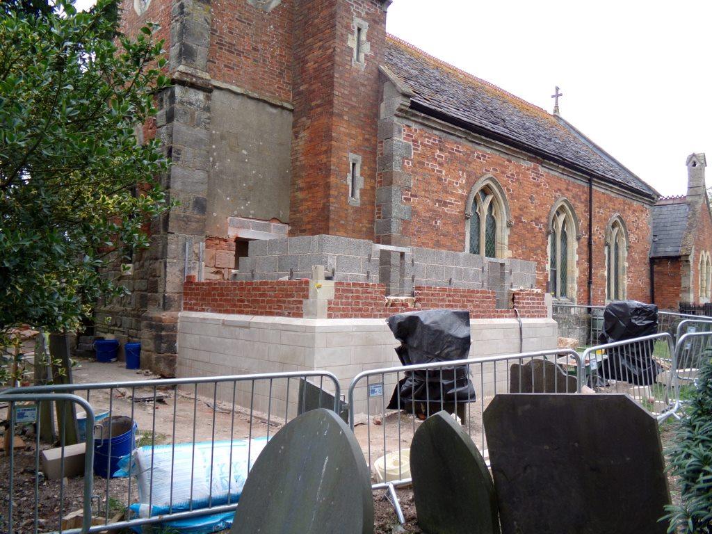 August 17th 2021.  Wider view showing the works in context.  The old slate gravestones have been covered for protection